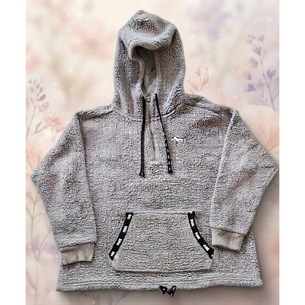 Victoria's Secret PINK Sherpa Half Zip Hoodie Oatmeal Gray Plush Fleece Large